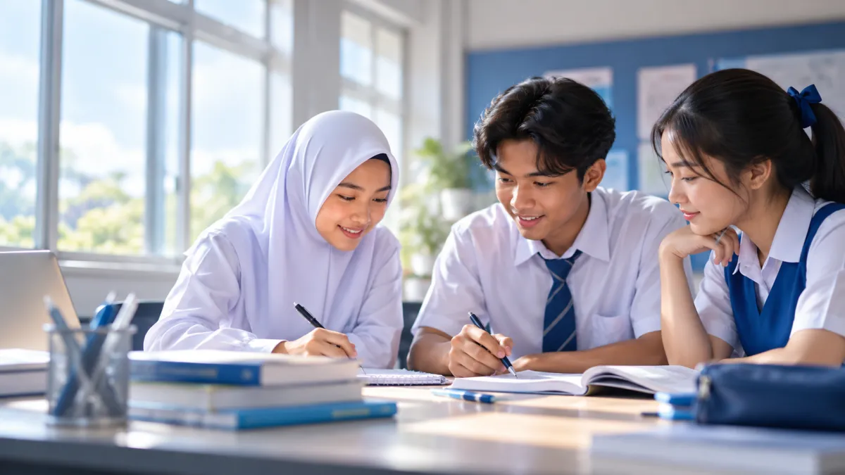 Tiga pelajar sekolah menengah berpakaian seragam mengulang kaji bersama dengan buku dan pen di dalam kelas
