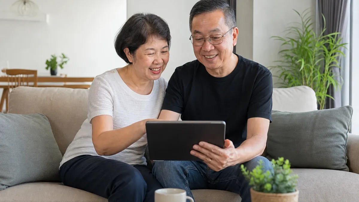 Pasangan berusia 50-an menyemak simpanan persaraan di tablet di rumah
