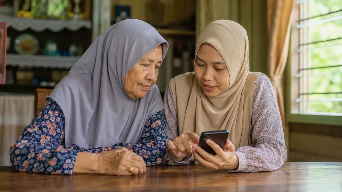 Anak membantu ibunya yang warga emas mengisi borang di telefon di rumah
