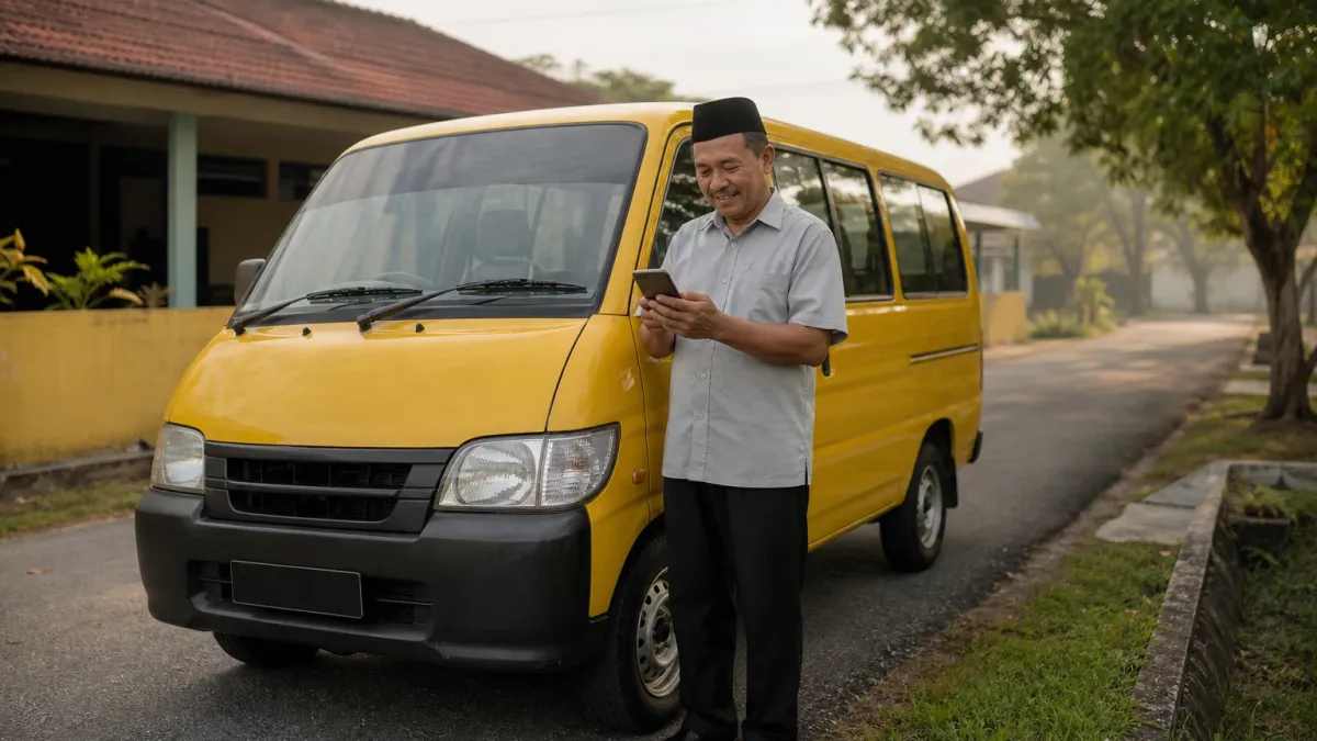 Pemandu van sekolah menyemak telefon di sebelah van kuning pada waktu pagi