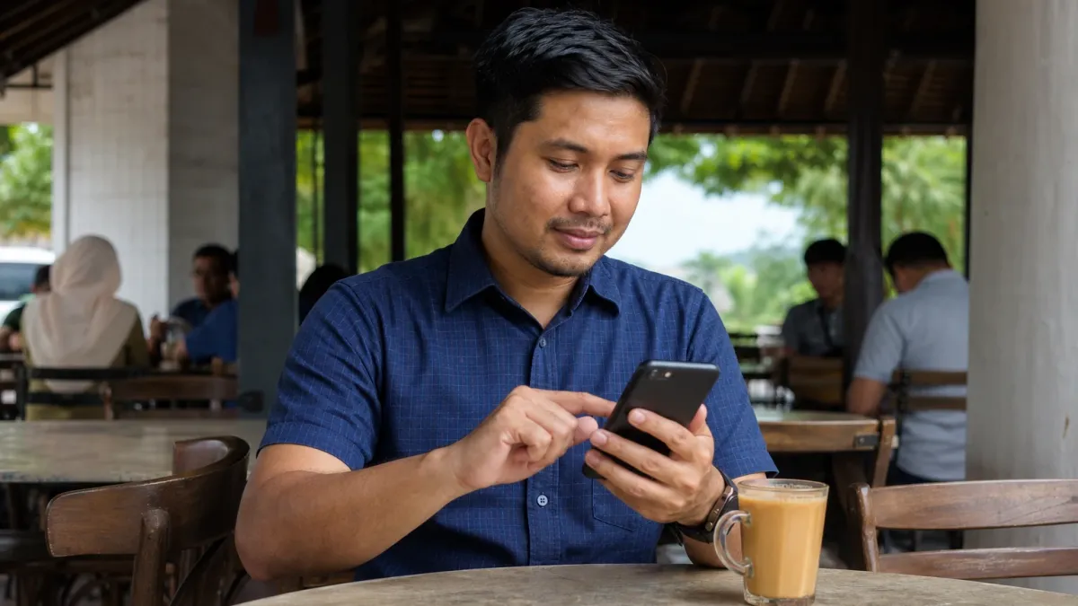 Lelaki membuat pembayaran dalam talian di telefon di meja kafe