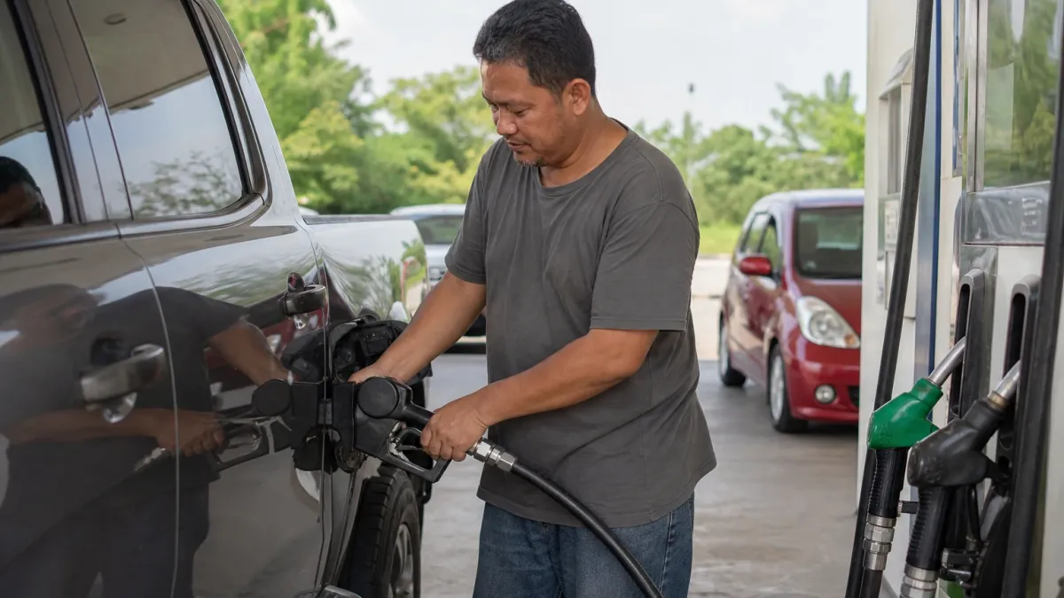 Lelaki mengisi diesel ke dalam trak pikap di stesen minyak pada waktu pagi