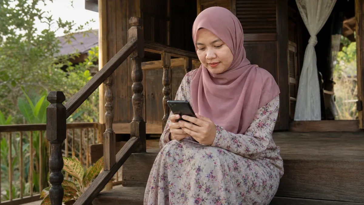 Ibu mengemas kini maklumat di telefon pintar di tangga rumah kampung