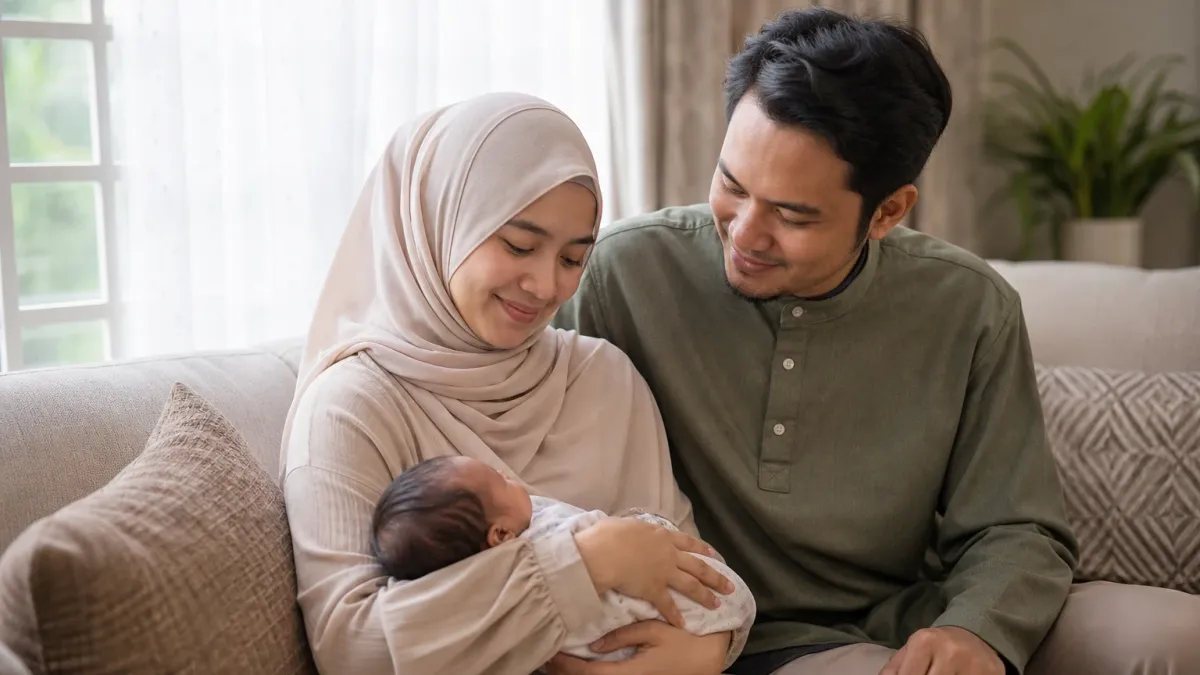 Ibu memangku bayi yang baru lahir di sofa sambil ditemani suami di rumah