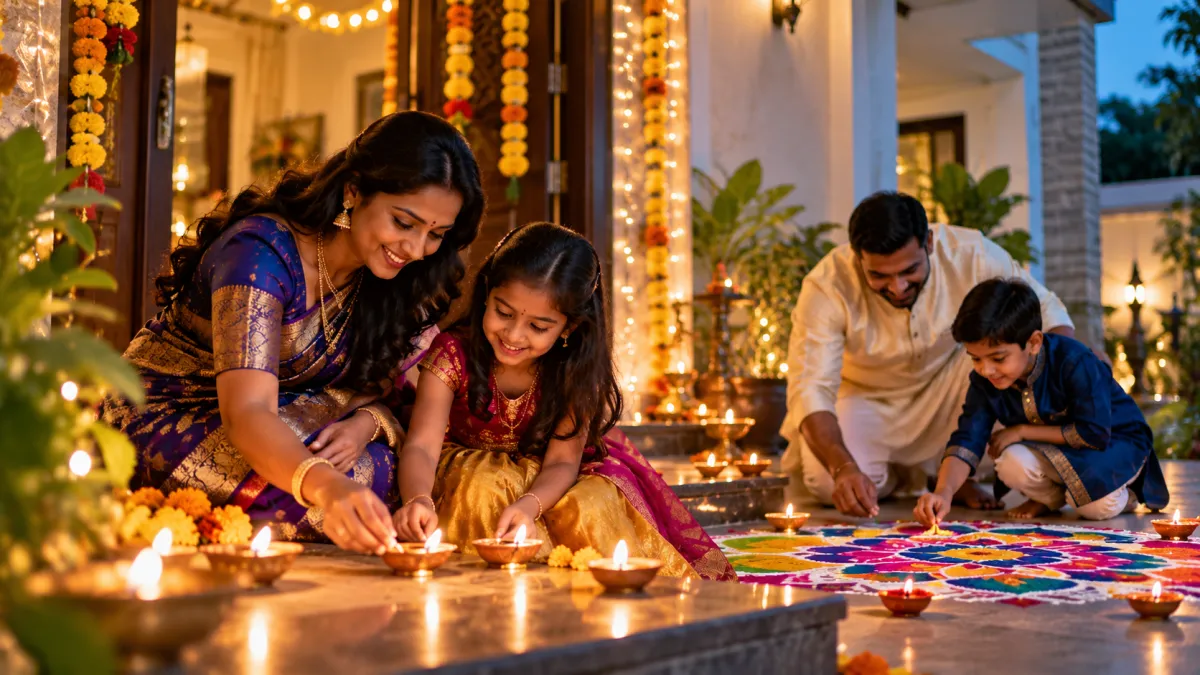 A family lighting clay oil lamps beside a colourful kolam and marigold decorations at night
