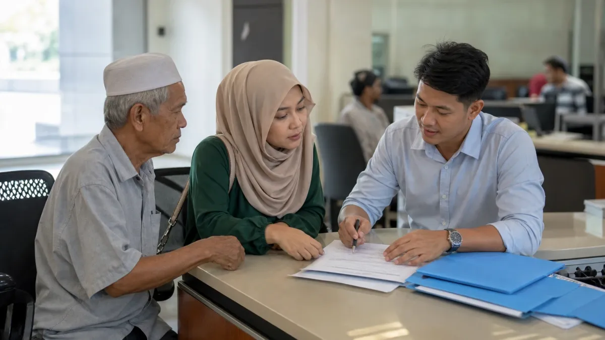 A mother and her father are helped by an officer at an office counter to fill in a form