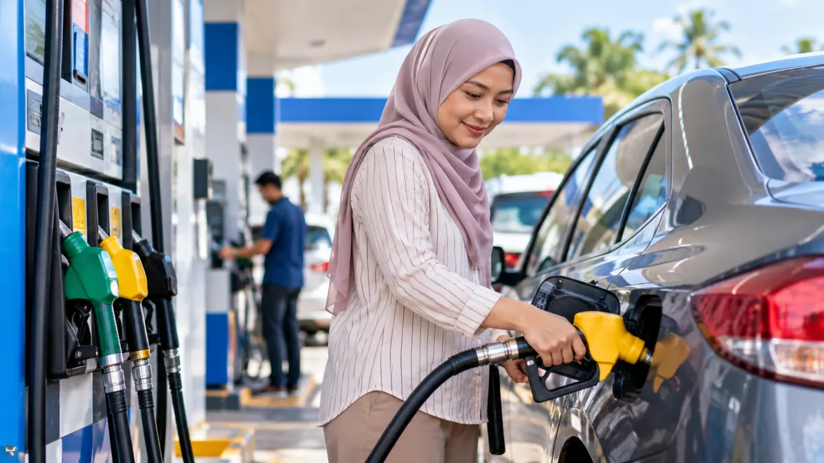 Wanita berhijab mengisi minyak kereta di pam stesen minyak
