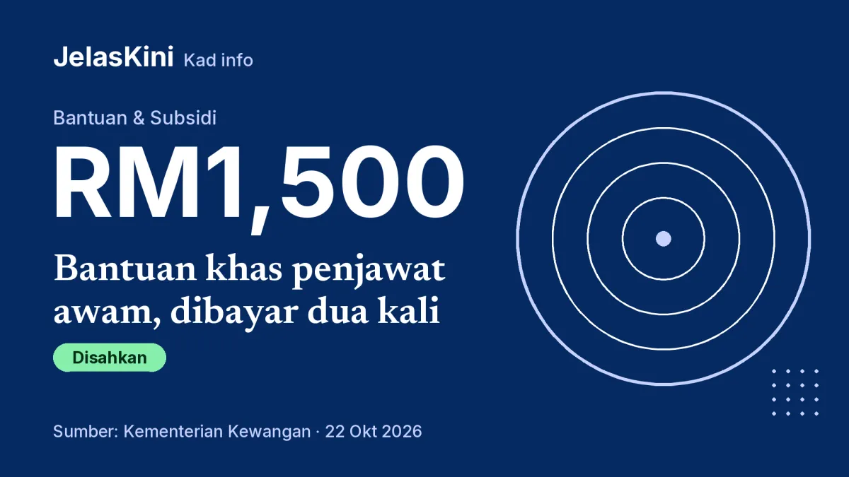 Kad info JelasKini: RM1,500, Bantuan khas penjawat awam, dibayar dua kali (Disahkan). Sumber: Kementerian Kewangan.
