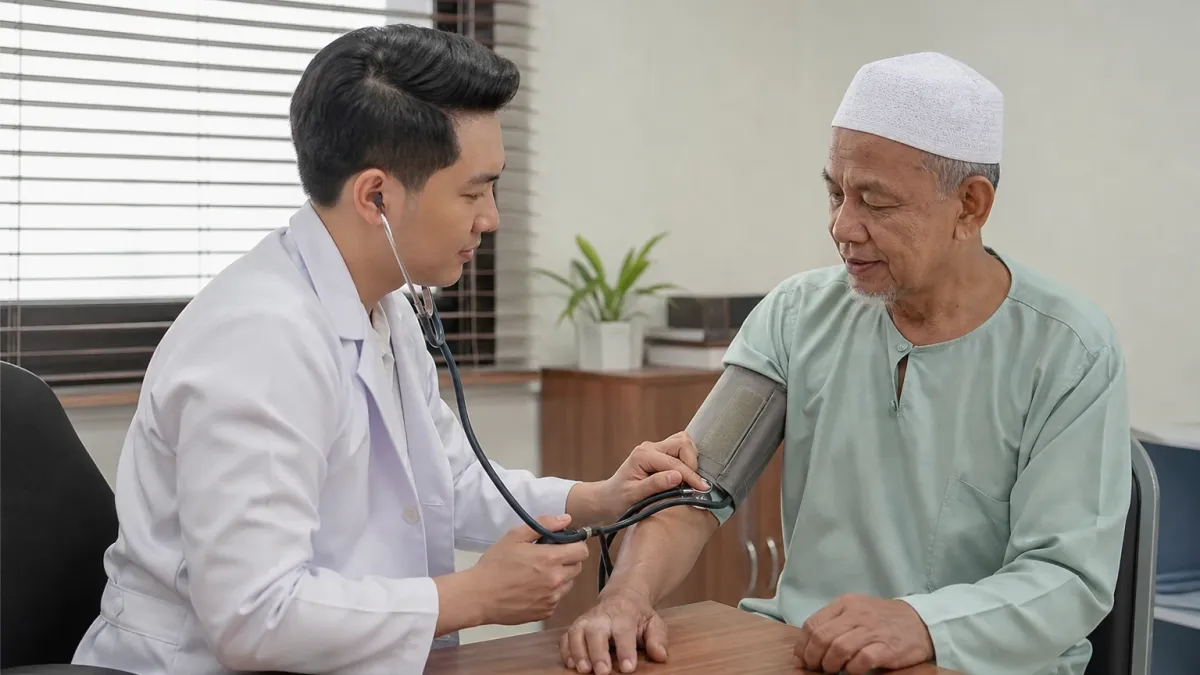 Doktor memeriksa tekanan darah pesakit warga emas di klinik