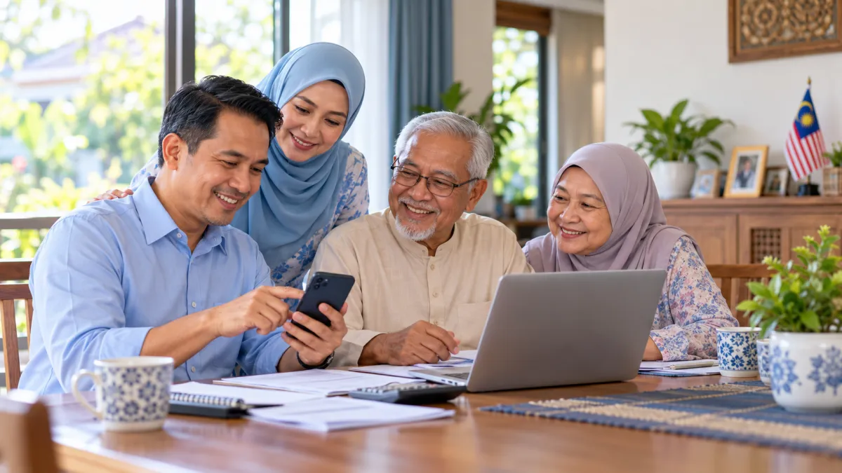 A man holds a smartphone as a woman in a hijab and two older people look on, with a laptop, documents and a calculator on the table
