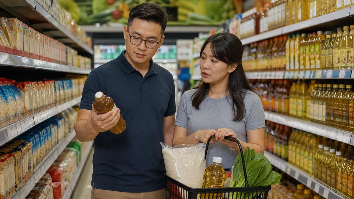 A couple compares grocery prices in a supermarket aisle