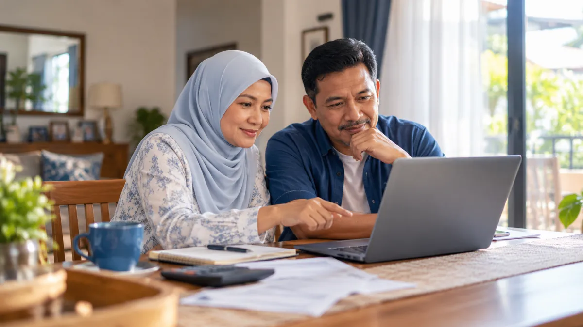 Pasangan suami isteri menyemak maklumat pada komputer riba di meja makan, dengan dokumen, kalkulator dan buku nota