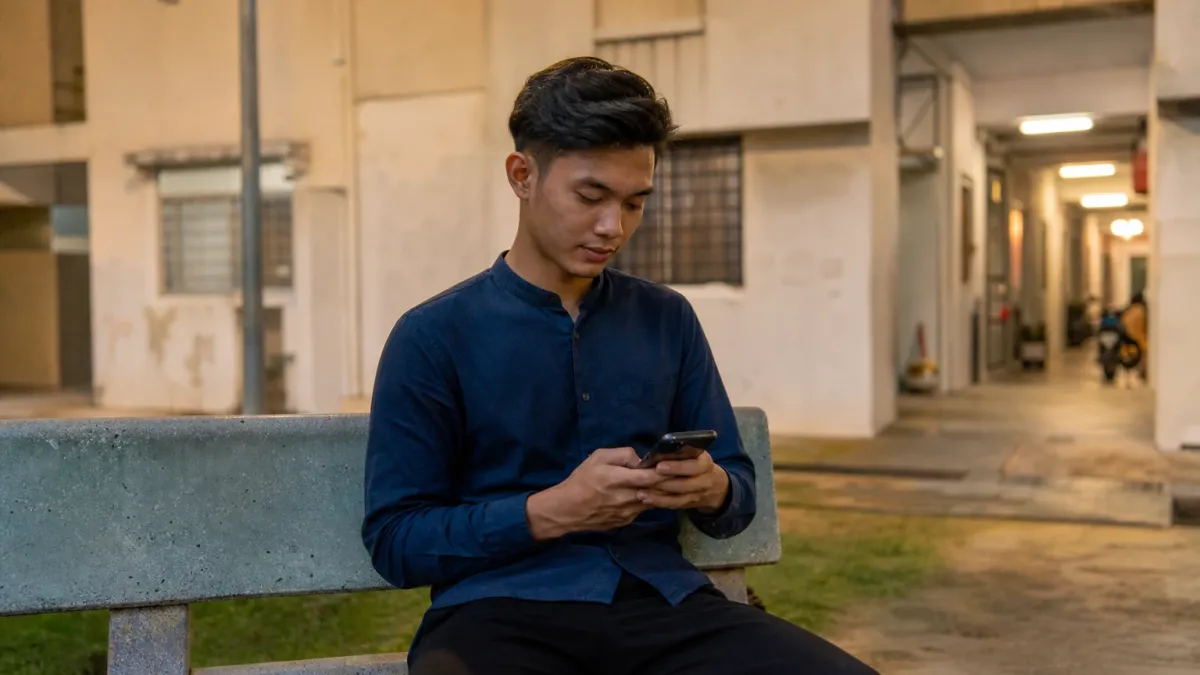 A young man checks his phone on a bench outside a block of flats after work