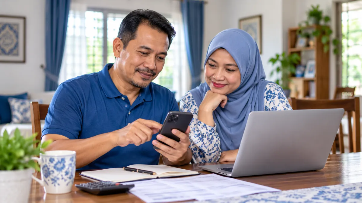 Pasangan melihat telefon bersama komputer riba di meja.