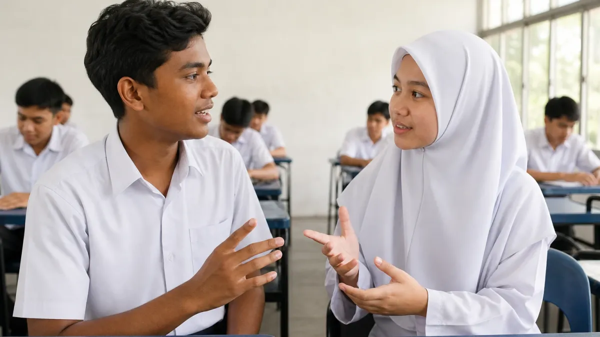 Dua pelajar sekolah menengah berlatih bertutur dalam bahasa Inggeris di dalam kelas